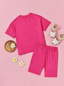 THE POWERPUFF GIRLS X SHEIN Conjunto de camiseta de manga corta y shorts impresos con dibujos animados brillantes, informal y lindo para niña preadolescente, verano