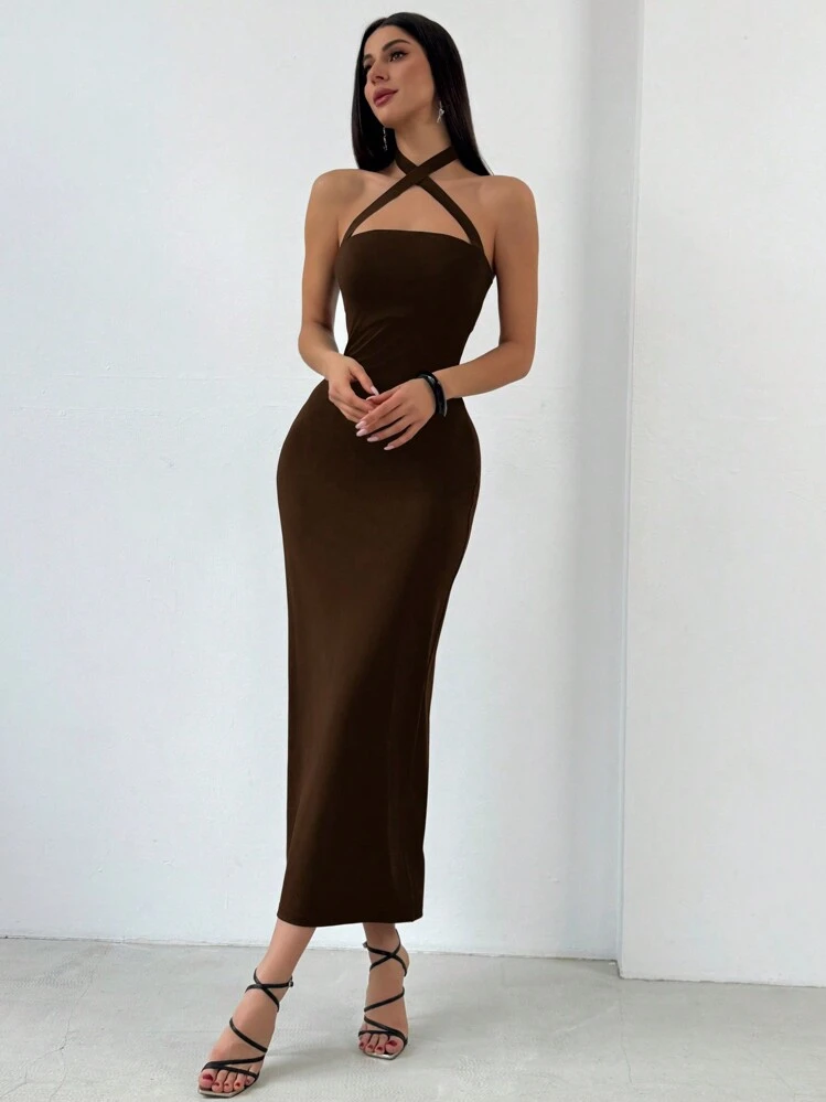 Aloruh Women's Bodycon Sexy Sleeveless Halter Neck Summer Dress Brown Cross-Neck Halter Dress Western Dress - Coffee Brown - View 4