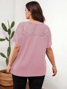 SHEIN LUNE 大尺碼女裝夏季純色蝙蝠短袖寬鬆休閒V領T恤 - 藕粉色 - 查看 2