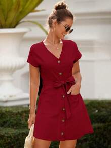 Breezaya Vestido de unicolor informal con botones delanteros y bolsillos dobles, perfecto para vacaciones y ropa de Año Nuevo - Rojo - Ver 3