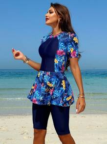 Swim Mulvari Women Summer Beach Tropical Printed Zip-Up Burkini Swimsuit SetArabic Clothing