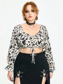 ROMWE Grunge Punk Spring Women Plus Size Boho Style Leopard Print Tie Knot Drawstring Blouse - Multicolor - View 4