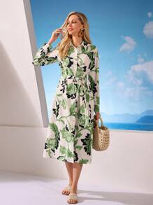GENKIRA Elegant Color Block Floral Printed Cinched Waist Shirt Collar Long Sleeve Dress For Office Lady - Multicolor - View 4