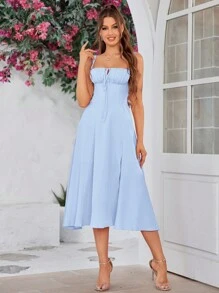 PARTHEA 夏季實色綁帶後襯撐胸罩式連衣裙