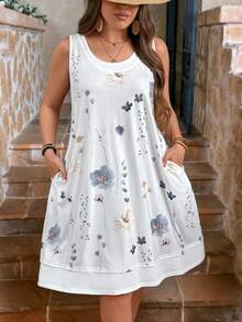 SHEIN LUNE Plus Size Nữ Váy không tay in hoa mùa hè - trắng - Xem 5