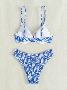 SHEIN Swim Women's Holiday Plant Printed Shirred Sexy Bikini Set Summer