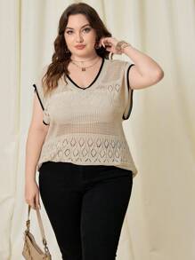 SHEIN LUNE Plus Size Women Sweater Contrast Color Hollow Out Tank Top