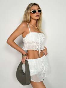 Easelle Conjunto de 2 piezas para mujer: Top sin mangas plisado con tirantes finos y shorts con capas, unicolor, para el verano.