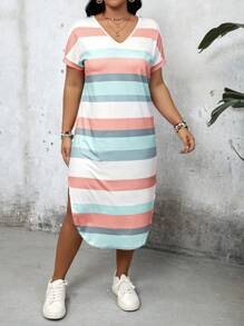 SHEIN LUNE Plus Size V-Neck Striped Printed Casual Short Sleeve Dress For Spring/Summer