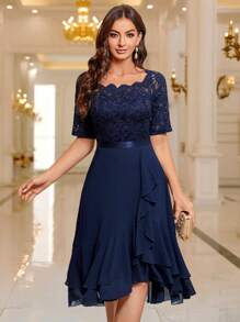 MIUSOL 船领花卉蕾丝拼接荷叶边下摆鸡尾酒会摇摆连衣裙婚礼宾客连衣裙舞会连衣裙