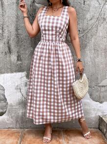 SHEIN VCAY Vestito casual a quadri con cintura incrociata stile vacanza taglie comode - Multicolore - Visualizzare 4