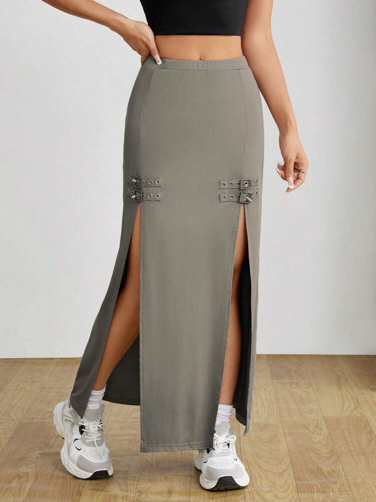 Buckle Detail Split Thigh Summer Women Black Skirt