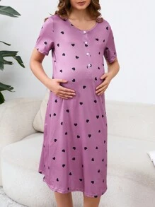 孕婦夏季半扣心形短袖睡裙 - 彩色 - 查看 5
