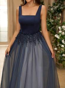 SHEIN Belle Đầm dạ hội công nghiệp nặng cổ vuông thanh lịch & lãng mạn có thêu ở eo và nhiều lớp trang trí lưới và ren Áo choàng bóng trang trọng cho nữ - Màu xanh lam - Xem 3