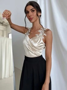 Firerie Mono elegante de mujer con escote cruzado y tirantes de encaje, para uso cotidiano