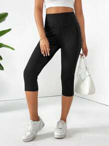 SHEIN Essnce Vrouwen Hoge taille Capri Leggings Met Zakken , Buik controle , Niet-transparant , Training & Yoga Broek