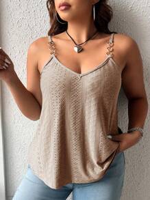 Calvaya 大尺碼夏季休閒純色空心刺繡背心上衣 - 杏色 - 查看 3