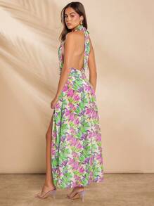 SHEIN Unity 花卉深 V 领扣褶边开衩挂脖连衣裙