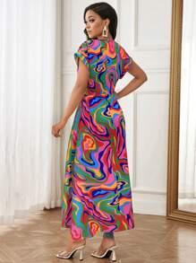 Zolique Camisa de manga larga para mujer con abertura lateral y estampado geométrico colorido - Verde - Ver 2