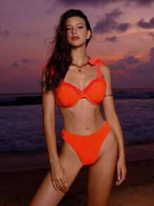 SHEIN Swim Women Solid Color Shoulder Knot Sexy Bikini Set For Vacation Summer - Orange - View 6