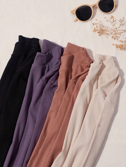 4 pièces Tee-shirt col montant côtelé en tricot pour l'automne pour femmes