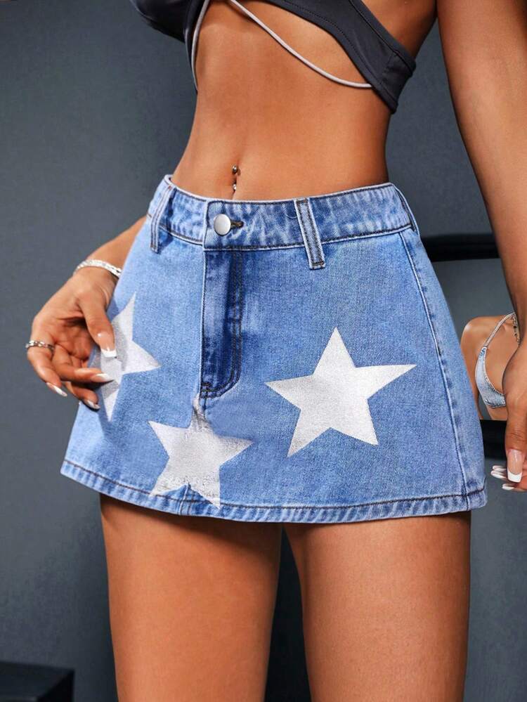 Women Star Printed Simple Daily Denim Skirt