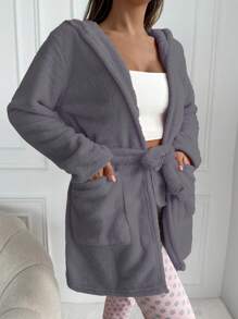 RueChic Heart and Letter Embroidery Hooded Belted Flannel Robe - Dusty Blue - View 1