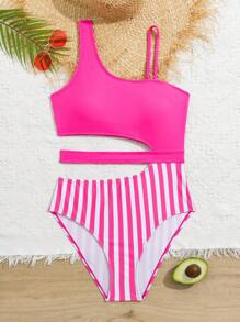 少女条纹印花高开镂空连体泳衣，下摆不对称
