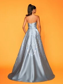 Smilprince Longo Elegante High-End Gracioso Pérola Corrente Impresso Maxi Flared Hem Strapless Formal Evening Gown - Cinza - Ver 2