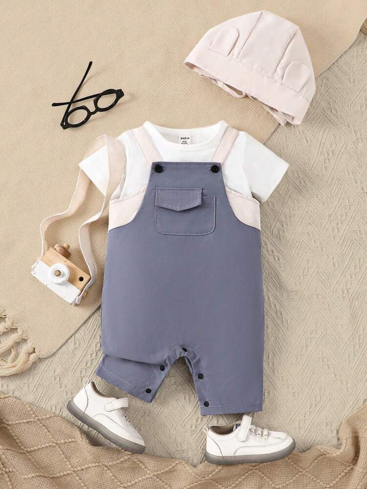 Baby Boy's Cargo Style Asymmetric Pocket Color Block Overall Shorts With White Inner T-Shirt And Cute 3d Ear Hat Three-Piece Set Suitable For Everyday Wear And In Spring And Summer.