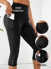 SHEIN Essnce Vrouwen Hoge taille Capri Leggings Met Zakken , Buik controle , Niet-transparant , Training & Yoga Broek