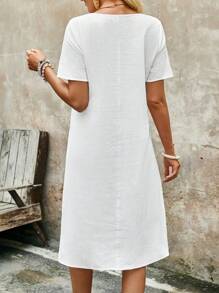 EMERY ROSE 夏季亞麻寬鬆休閒連衣裙，帶曲線口袋 - 白色 - 查看 2