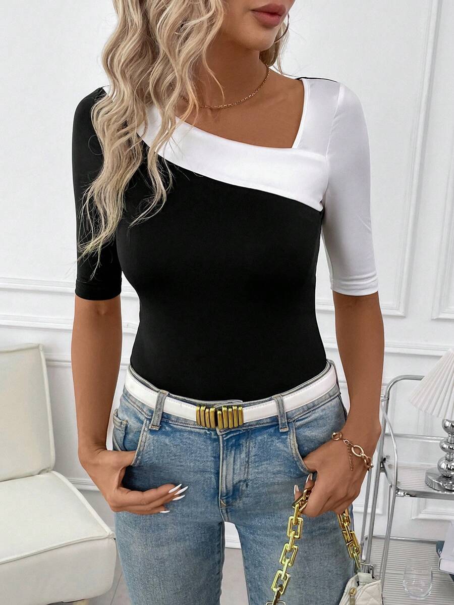 SHEIN Clasi Women's Summer Leopard Print Asymmetric Collar Slim Fit Short Sleeve T-Shirt Rave Festival Outfits