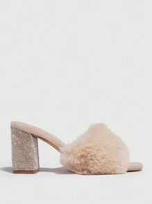 CUCCOO SZL Phụ nữ Fuzzy Rhinestone Decor Giày cao gót Chunky, Con la quyến rũ - Lạc đà - Xem 4