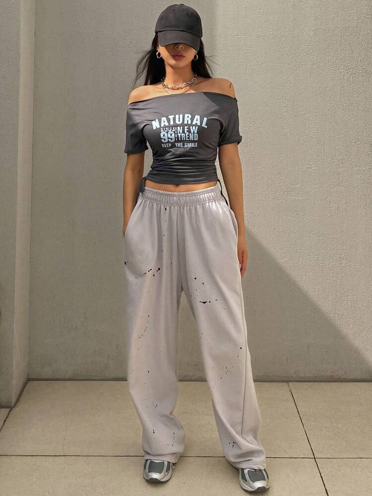 Sporty Fashion Women Summer Asymmetrical Collar Slogan Print Crop Top,Graphic Tees Off Shoulder Top