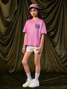 TEENAGE MUTANT NINJA TURTLES | SHEIN Tween Girl Pink Loose Casual Cute Drop Shoulder Oversize Checker And Cartoon Printed T-Shirt - Pink - View 5