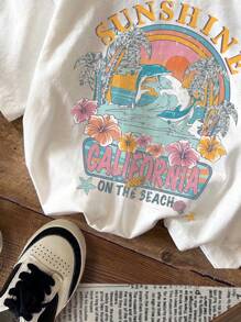 SHEIN Retro 90s Young Girl Casual Landscape Graphic Short Sleeve T-Shirt, Suitable For Summer, Cotton Blend