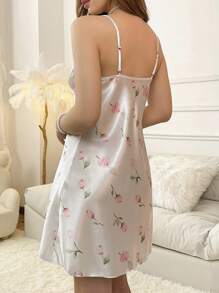 CottageSlumber Women Fashion Rose Flower Print Silk Imitation Pajama Slip Dress Bountiful Floral Splendor  Cozy And Elegant Details - White - View 2