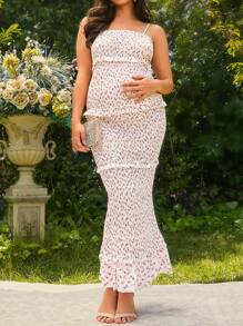 SHEIN Women Summer Vacation Floral Printed Multi-Layered Ruffle Hem Bodycon Cami Dress For Maternity - Multicolor - View 1