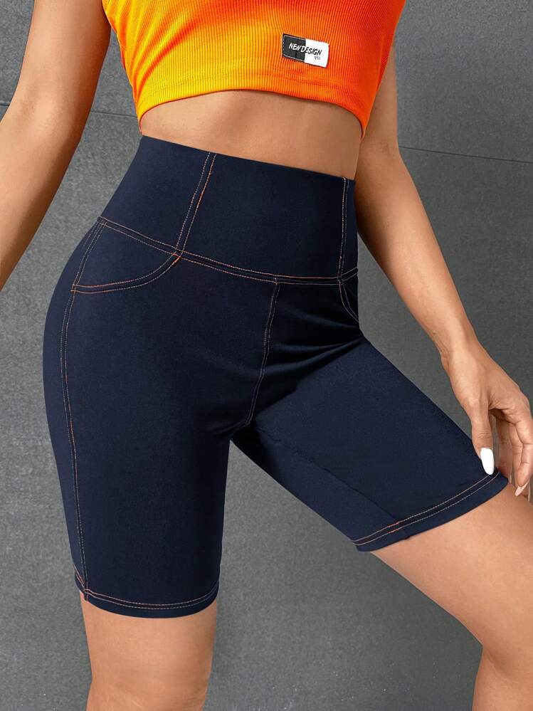 SHEIN EZwear Shorts biker con parche de letra con puntada - Azul Marino - Añade 4