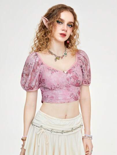 Fairycore Haut court à manches bouffantes en dentelle imprimé Floral Vintage pour femmes pour l'été