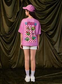 TEENAGE MUTANT NINJA TURTLES | SHEIN Tween Girl Pink Loose Casual Cute Drop Shoulder Oversize Checker And Cartoon Printed T-Shirt - Pink - View 2