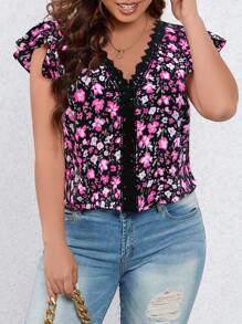 SHEIN Clasi 大尺碼夏季休閒淺色花邊短袖襯衫，配小花圖案 - 彩色 - 查看 1