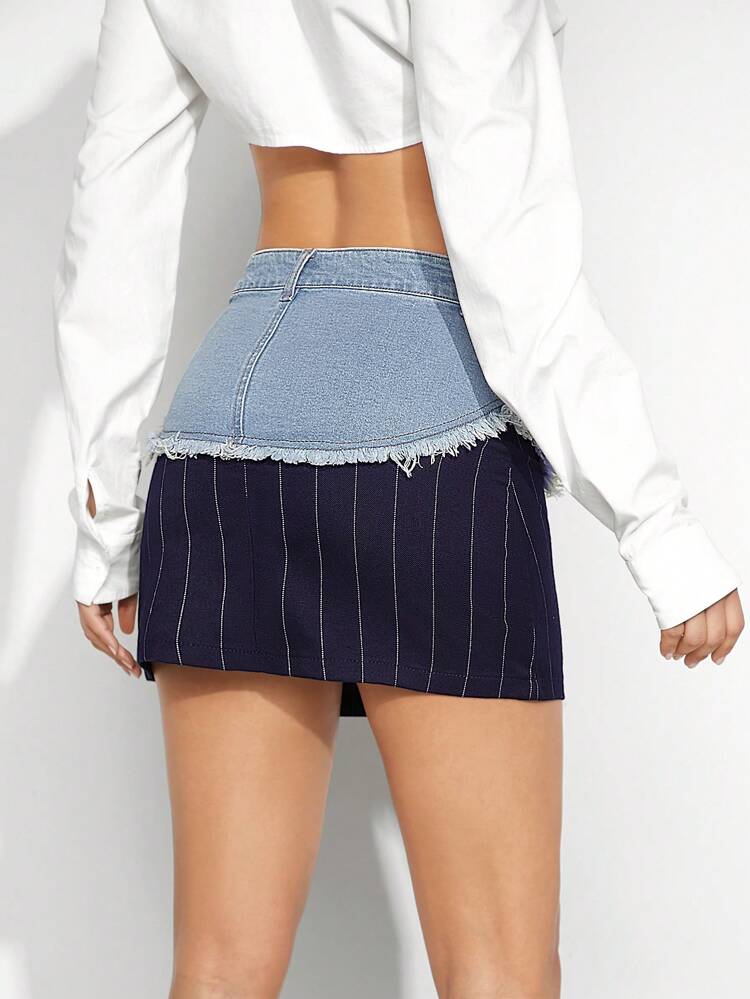 Pinstripe Mixed Media Denim Skirt
