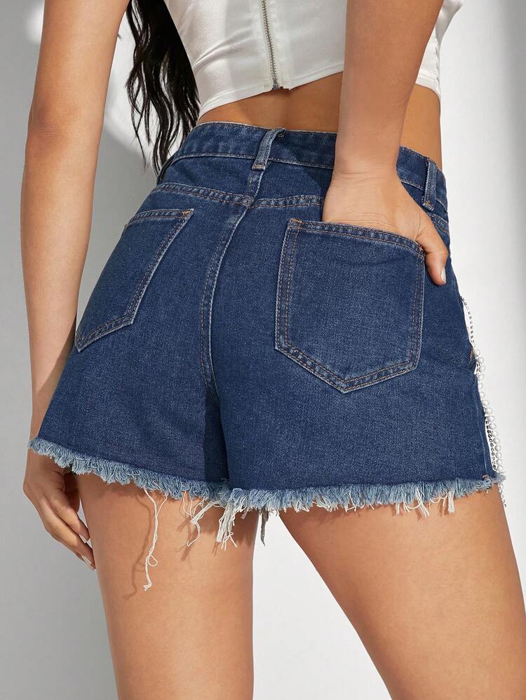 Fashion Beads & Rhinestone Fringe Embellished Frayed Denim Shorts