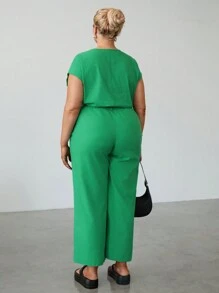 SHEIN EZwear Plus Size Green Linen Holiday Casual Pants Set