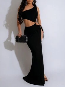 Ladies' Party Night Sexy One Shoulder Side Split Bold Strap Dress - Black - View 3