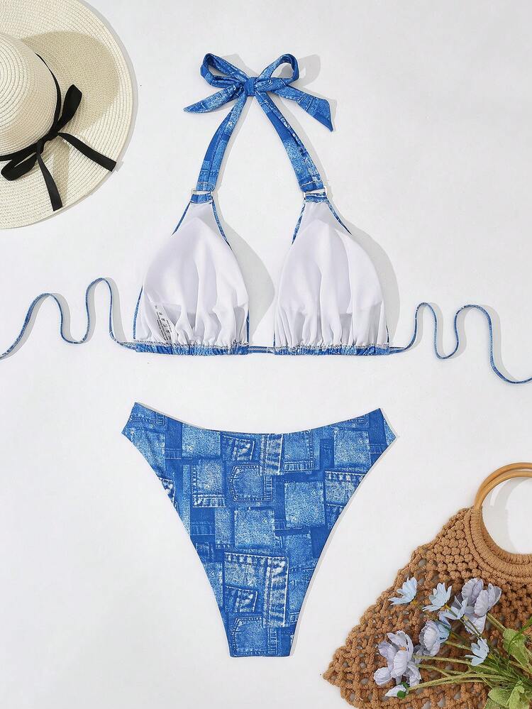 Plus Size Summer Holiday Style Halter Straps Bikini Set Top And Triangle Briefs Set, Back Tied Two-Piece Bikini Set, Perfect For Beach And Pool Summer Beach