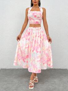 SHEIN PETITE Nhuộm buộc Nhăn Áo hai dây Và Váy chữ A Mùa hè Kỳ nghỉ Bộ - Hồng - Xem 7