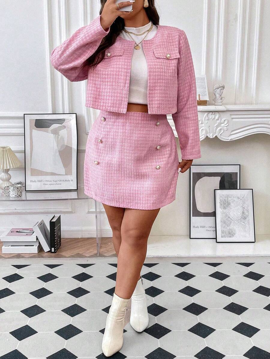 SHEIN Franclia 大碼翻蓋細節開門襟夾克&半身裙 - 粉色 - 查看 1